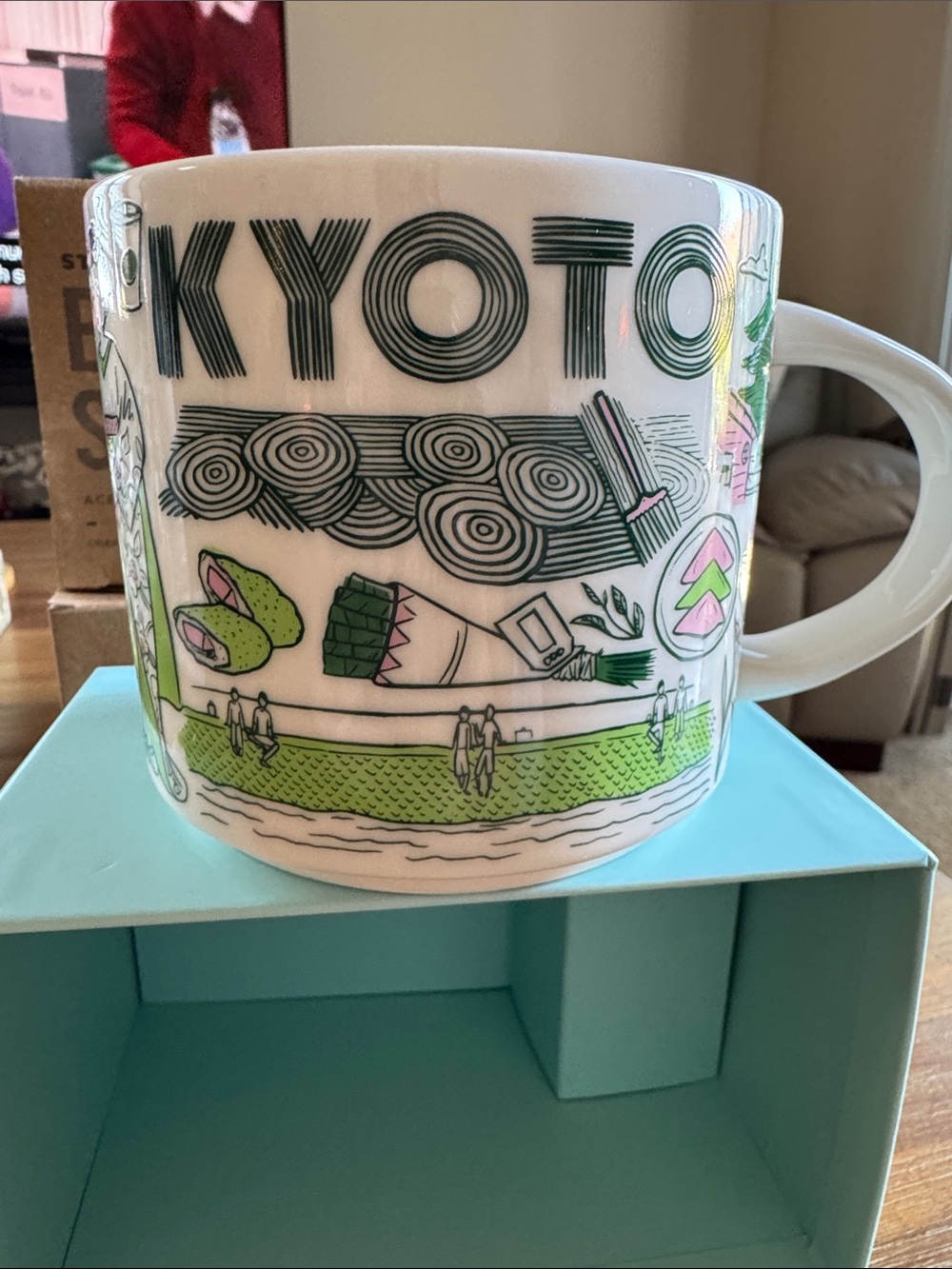 14 oz Starbucks Kyoto Mug - White with Green and Pink Accents